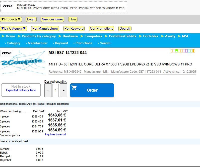 Η MSI και η HP προετοιμάζουν πολλαπλούς φορητούς υπολογιστές με βάση τη λίμνη Panther, που ξεκινούν από 999 $ Η εικόνα δείχνει μια ηλεκτρονική λίστα για το MSI 9S7-14T223-044, φορητό υπολογιστή FHD 14 ιντσών με Intel Core Ultra X7 358H, 32 GB LPDDR5X, 2 TB SSD, με Windows 11 Pro, τιμή 1.643,66 € συμπεριλαμβανομένου ΦΠΑ και επί του παρόντος