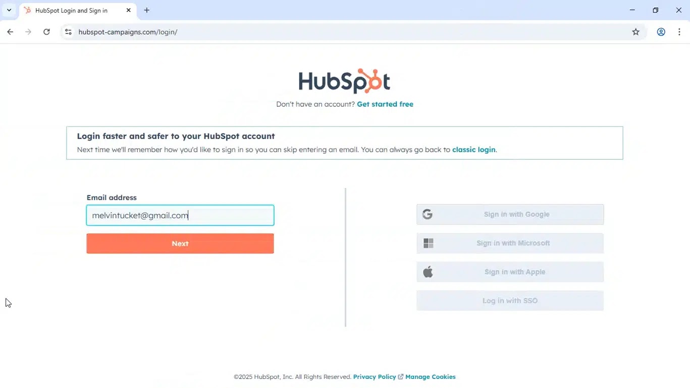 Σελίδα σύνδεσης κακόβουλου HubSpot (Πηγή - Evalian)
