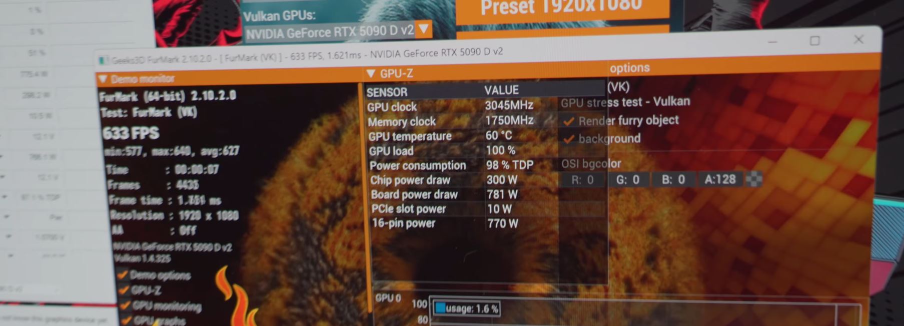 Ένα κοντινό πλάνο παρακολούθησης απόδοσης GPU-Z που δείχνει το NVIDIA GeForce RTX 5090 D v2 να εκτελεί τεστ αντοχής «FurMark (VK)» στα 633 FPS με ρολόι GPU 3045 MHz και θερμοκρασία 60°C.