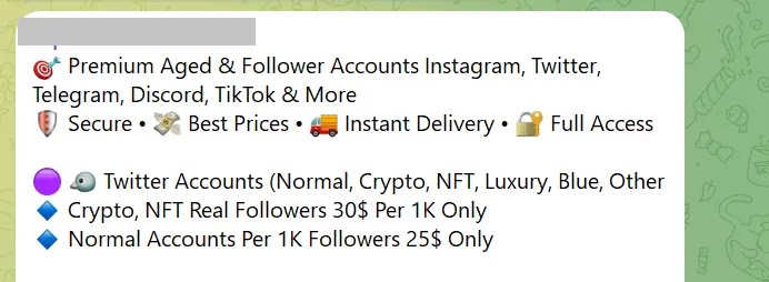 Προσφορές δεδομένων μέσων κοινωνικής δικτύωσης, όπως εμφανίζονται στο Telegram (Πηγή - Securelist)