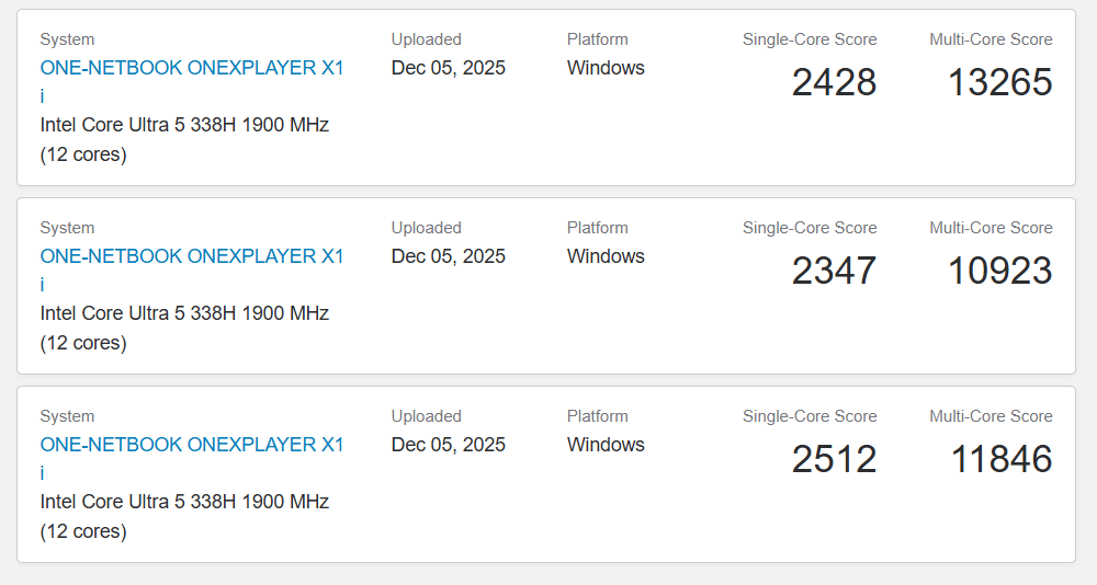 Το OneXPlayer ετοιμάζει το πρώτο παιχνίδι χειρός Panther Lake όπως εντοπίστηκε στο Geekbench Τρία αποτελέσματα συγκριτικής αξιολόγησης για το ONE-NETBOOK ONEXPLAYER X1 με Intel Core Ultra 5 338H 1900 MHz δείχνουν βαθμολογίες ενός πυρήνα 2428, 2347 και 2512 και βαθμολογίες πολλαπλών πυρήνων 13265, 10923 και φόρτωση 6 Δεκεμβρίου σε όλες τις δοκιμές 118