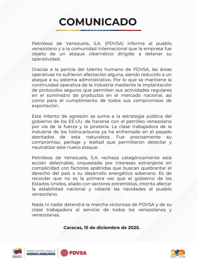 Η κυβερνοεπίθεση διακόπτει τις επιχειρήσεις του πετρελαϊκού κολοσσού της Βενεζουέλας PDVSA Δήλωση PDVSA