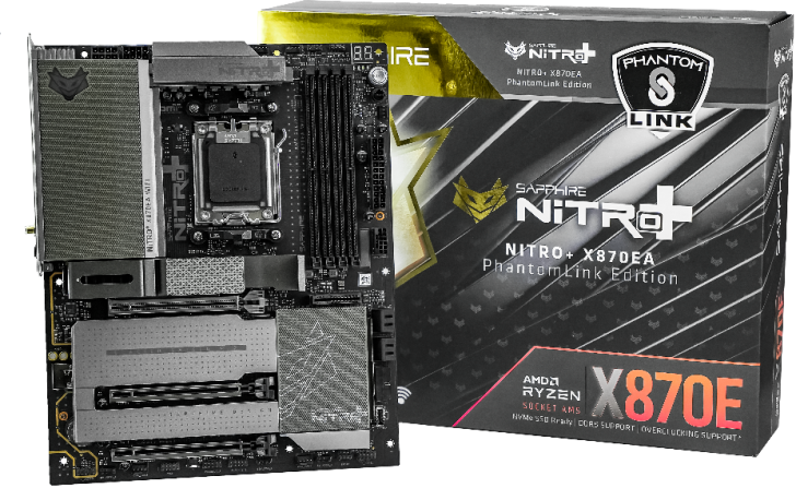 Μια μητρική Sapphire Nitro+ X870E PhantomLink Edition εμφανίζεται μαζί με τη συσκευασία της, υπογραμμίζοντας την υποστήριξη για AMD Ryzen με το X870E να εμφανίζεται σε περίοπτη θέση.
