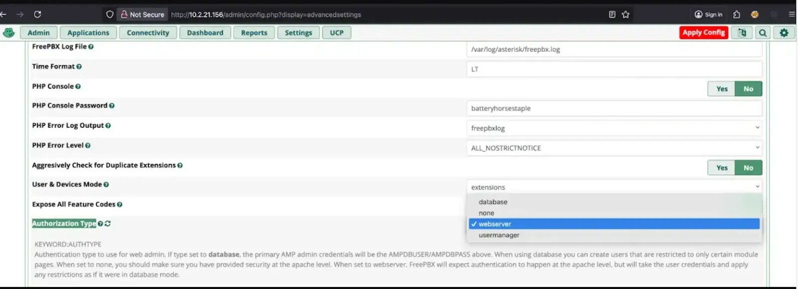 Ο τύπος εξουσιοδότησης webserver δεν είναι η προεπιλεγμένη διαμόρφωση του FreePBX