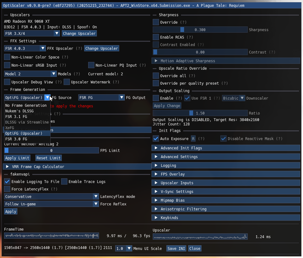 Η εικόνα δείχνει τη διεπαφή εφαρμογής OptiScaler v0.9.0-pre7, με ρυθμίσεις για το 'AMD Radeon RX 6900 XT' με επιλογές αναβάθμισης 'FSR 3.x/4.0.3', ανάλυση στόχου '3840x2160' και χρόνο καρέ '9,97 ms /