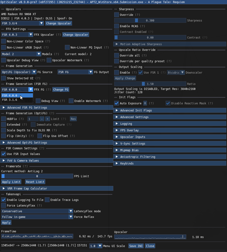 Διασύνδεση OptiScaler v0.9.0-pre7 που δείχνει ρυθμίσεις για ένα AMD Radeon RX 6900 XT με επιλογές για «FSR 4.0.0» και «FSR 3.1.6» και μια επικάλυψη RTX παιχνιδιών που εμφανίζει «143,7 fps» με μενού διαμόρφωσης για αναβάθμιση και δημιουργία καρέ.