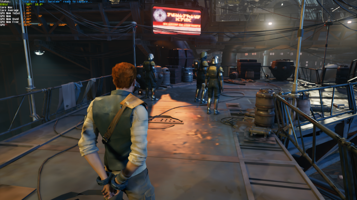 Είναι αρκετά 8 GB VRAM για το 2026; Sapphire Pulse 9060 XT 8GB Συγκριτική αξιολόγηση Μια σκηνή από το «Star Wars Jedi: Survivor» δείχνει τον κύριο χαρακτήρα να περπατά προς τους θωρακισμένους στρατιώτες σε μια πλατφόρμα, με στατιστικά στοιχεία απόδοσης να εμφανίζονται στην αριστερή πλευρά της οθόνης.