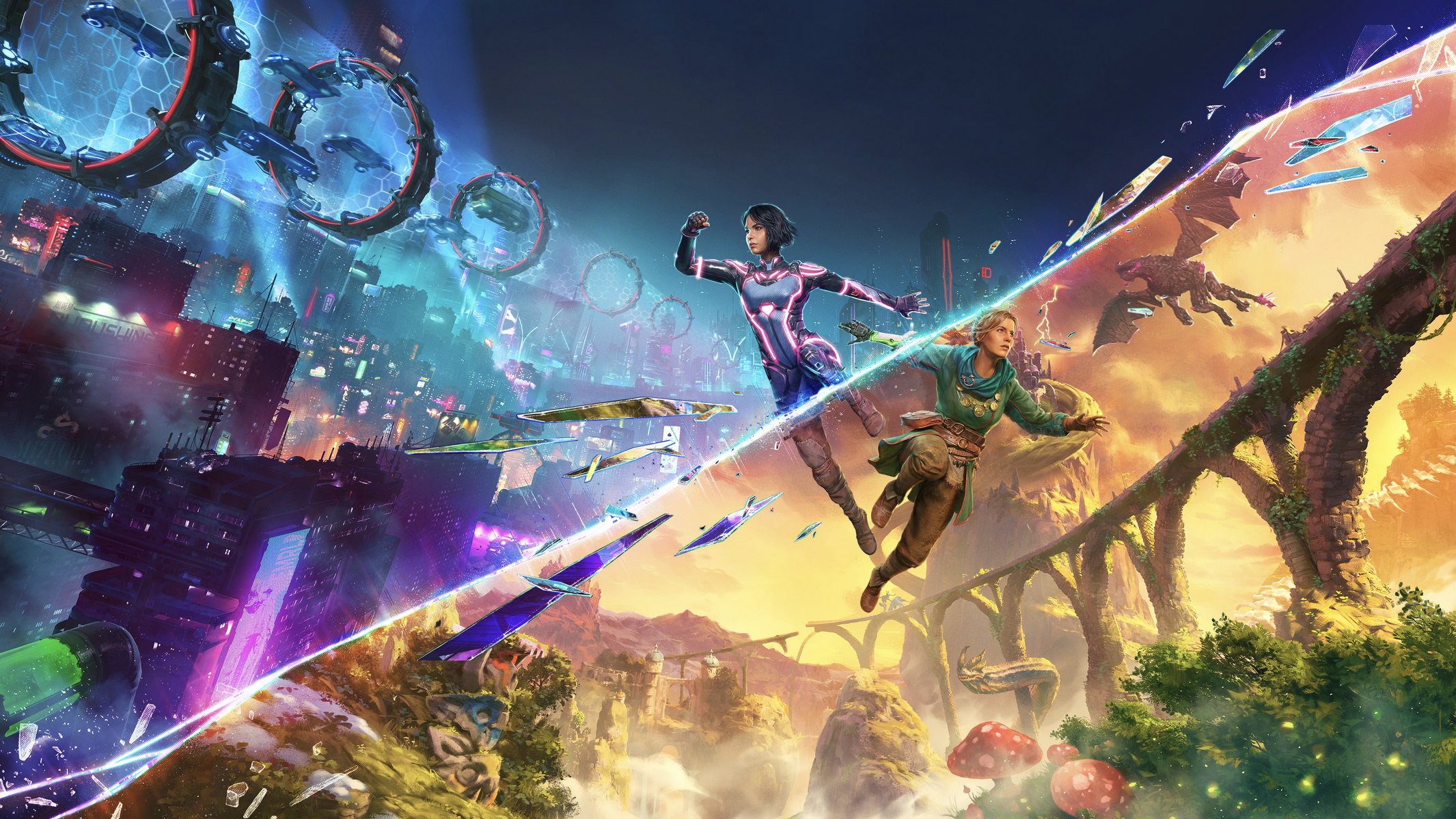 Μια εικονογράφηση δείχνει δύο χαρακτήρες, ο ένας σε μια φουτουριστική πόλη με λαμπερά φώτα νέον και ιπτάμενα οχήματα και ο άλλος σε ένα φανταστικό τοπίο με μεσαιωνικές κατασκευές και μυθικά πλάσματα.