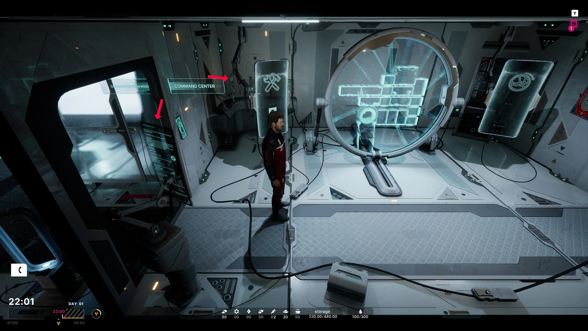 A screenshot from The Alters with a red arrow pointing towards the location of AI-generated text