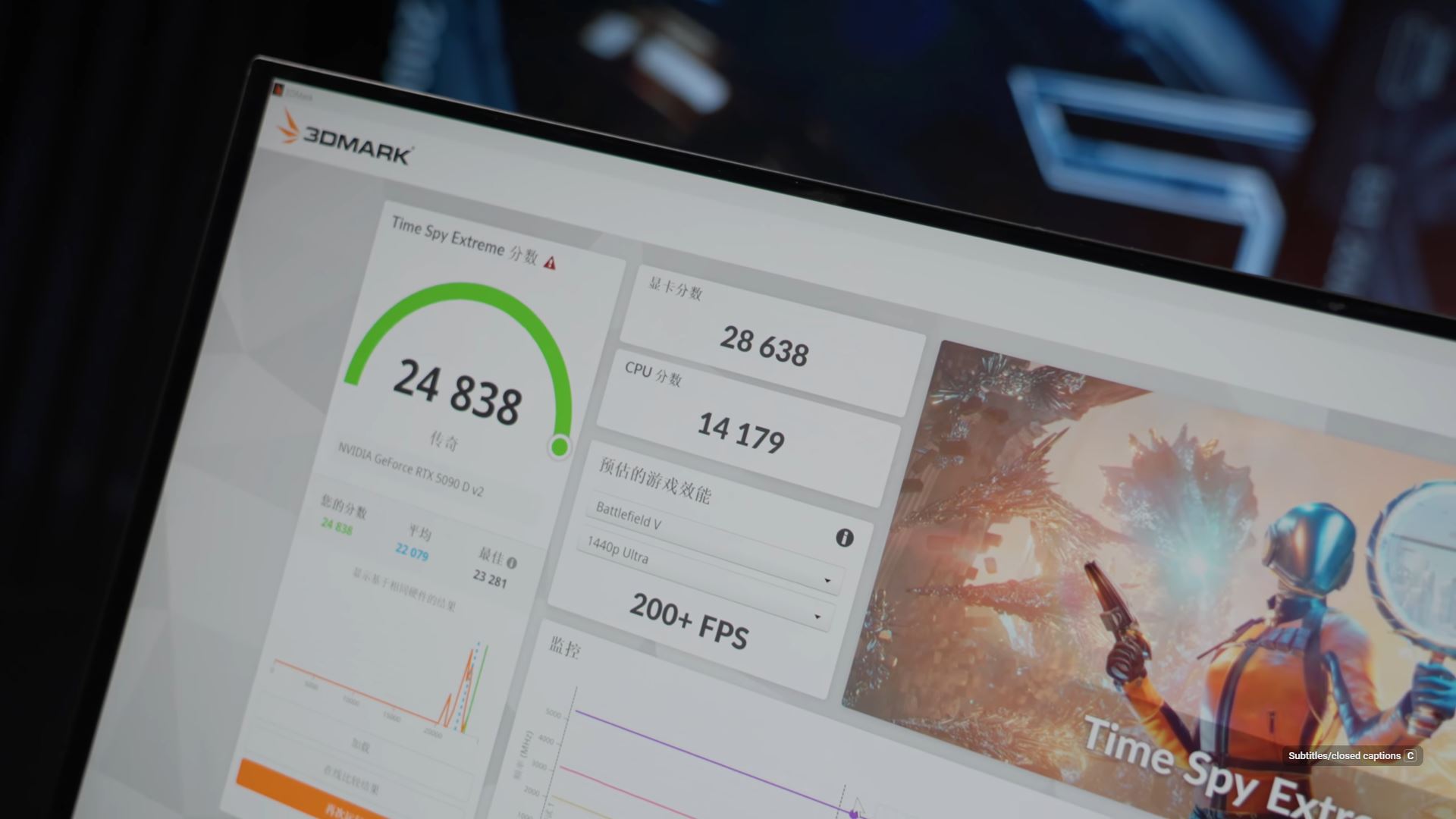 Μια οθόνη δείχνει ένα σημείο αναφοράς «3DMark Time Spy Extreme» με ένα NVIDIA GeForce RTX 5090 D v2 με βαθμολογία 24.838, επιτυγχάνοντας «200+ FPS» στο «Battlefield V» στα «1440p Ultra».