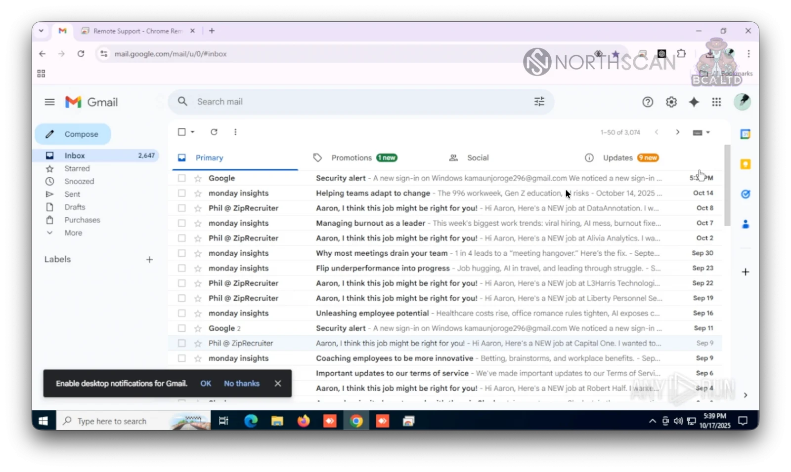 Εισερχόμενα GMail που χρησιμοποιούνται από τον βορειοκορεάτη πλαστό στρατολόγο IT στις επιχειρήσεις Famous Chollima