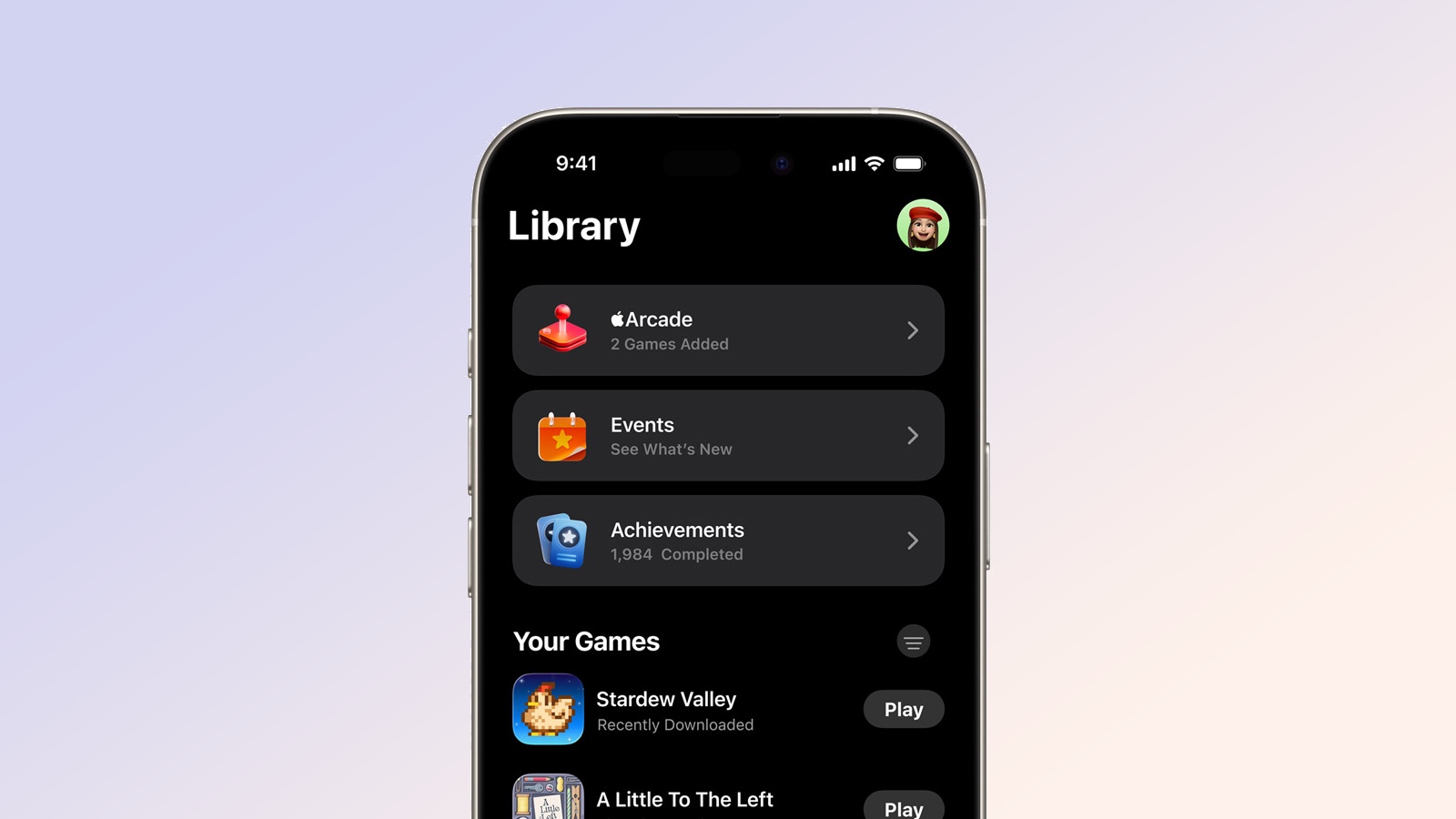 Διασύνδεση Παιχνιδιών Apple που εμφανίζει την καρτέλα Βιβλιοθήκη
