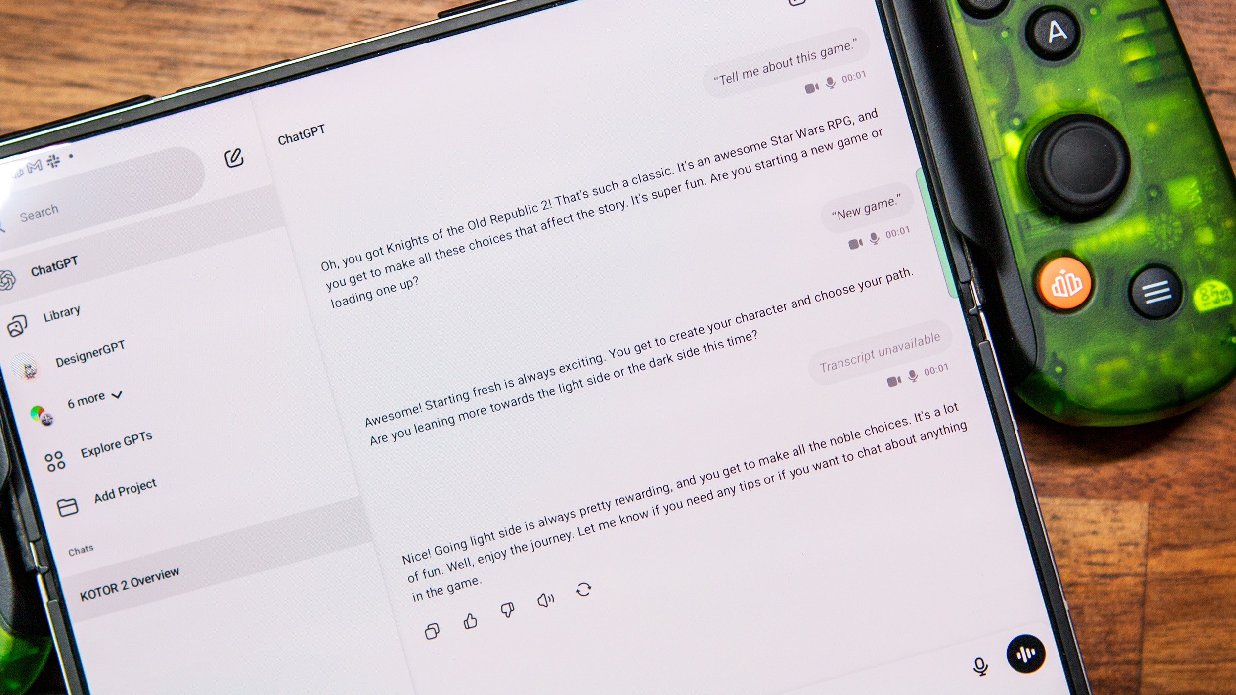 Μεταγραφή ζωντανής συνομιλίας ChatGPT σχετικά με το KOTOR II στο Galaxy Z Fold 6