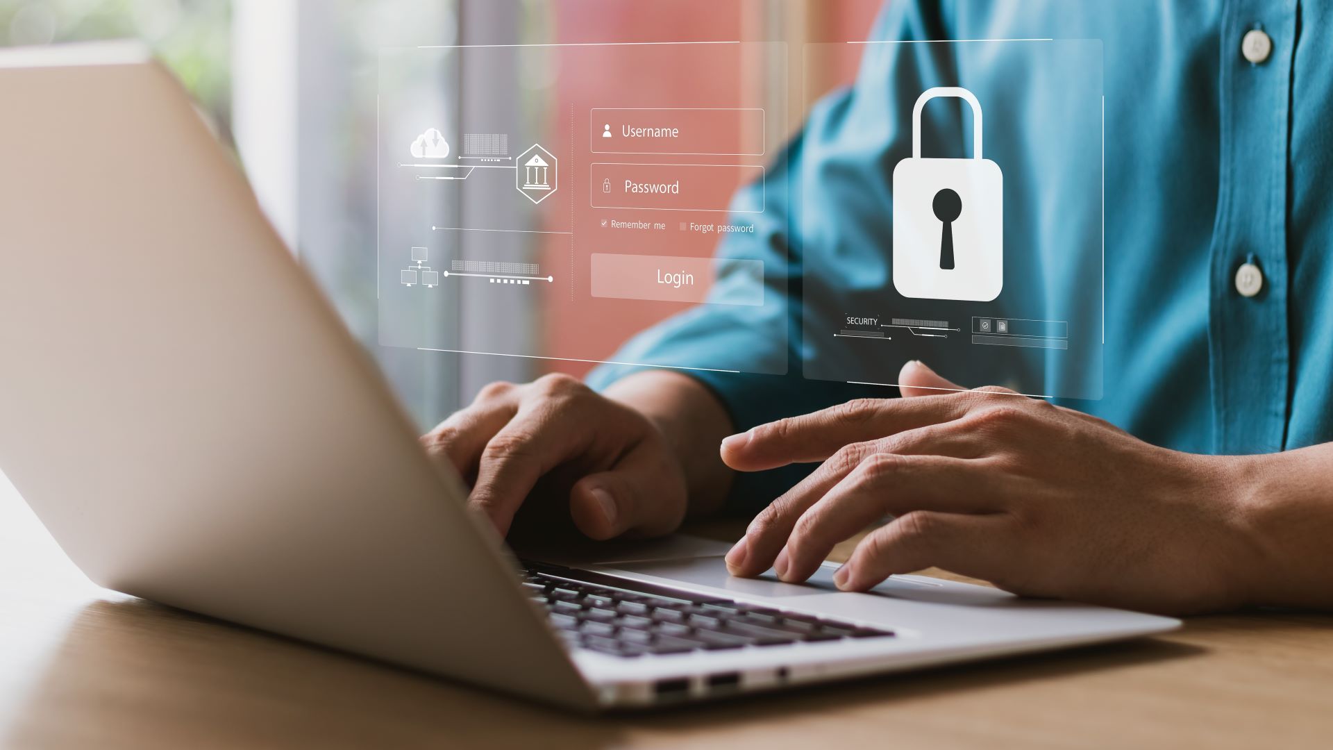 Μια εικόνα έννοιας ενός άνδρα που εισάγει τις πληροφορίες σύνδεσής του σε ένα φορητό υπολογιστή