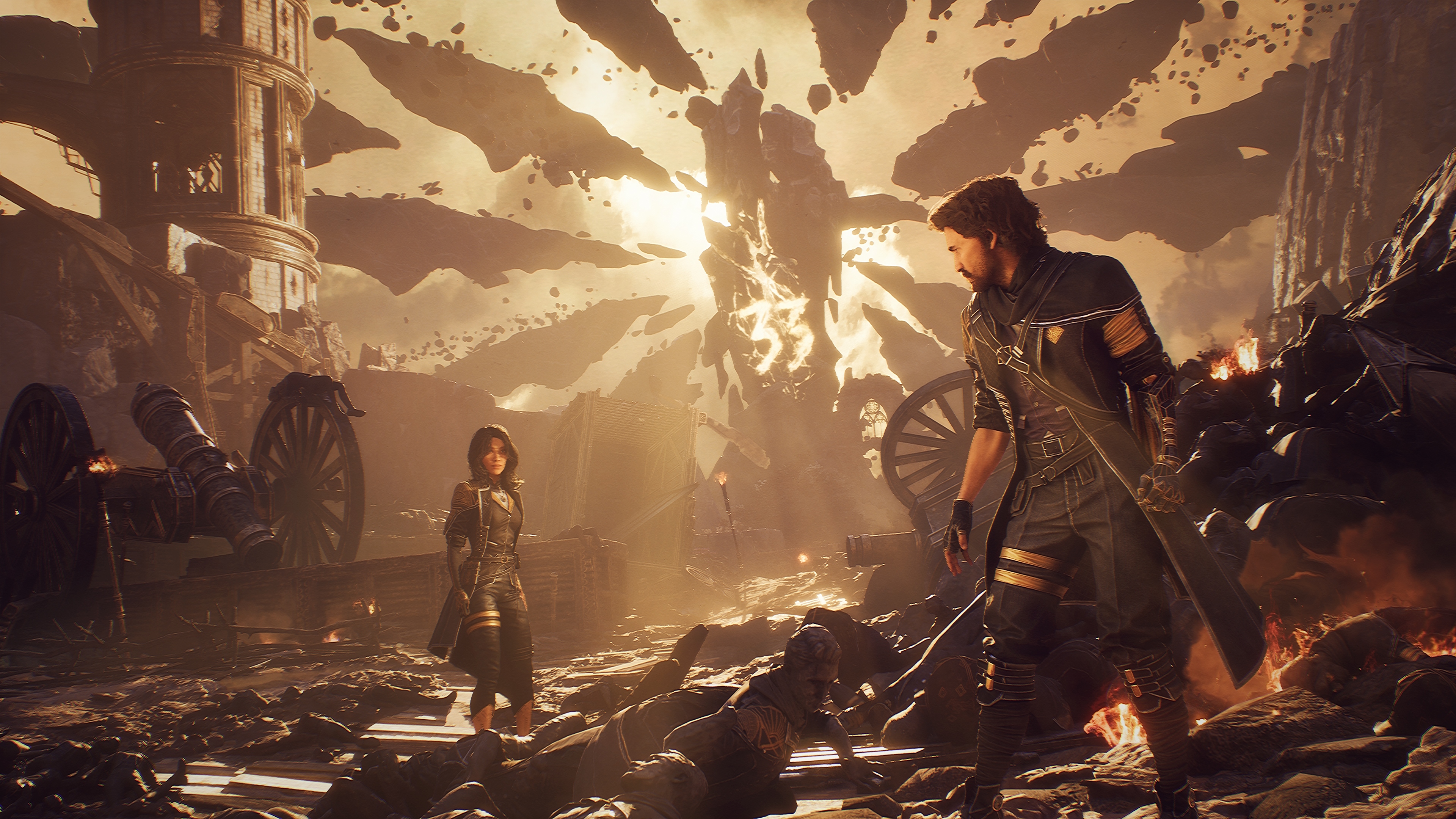 A Clair Obscur: Expedition 33 screenshot showing Lune and Gustave (L-R) standing on a battlefield with the Paintress' monolith in the background