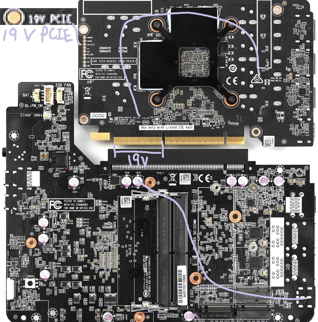 Το RTX 5060 Ti In ZOTAC Magnus φέρεται να χρειάζεται 8 ακίδες, τροφοδοτείται αποκλειστικά από PCIe Κάτοψη μιας μητρικής πλακέτας και μιας κάρτας PCIe με χειρόγραφους σχολιασμούς που υποδεικνύουν υποδοχές τροφοδοσίας «19 V» και «19V PCIE».