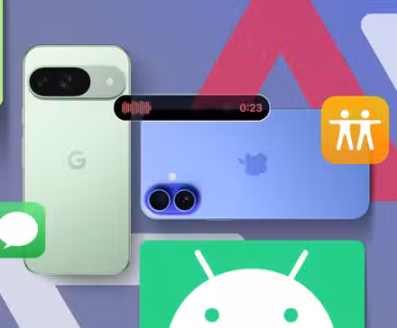 Ένα Google Pixel δίπλα σε ένα iPhone 16 με ορισμένες από τις λειτουργίες του iPhone τονισμένα.