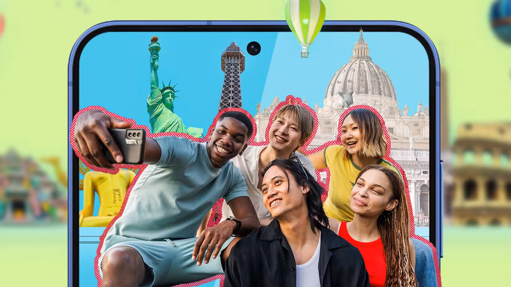 Η λειτουργία Best Take στην κάμερα Pixel 10 θα είναι σωτήρια αυτές τις γιορτές Μια ομάδα τουριστών που βγάζει μια φωτογραφία με πολλά ορόσημα στο βάθος.