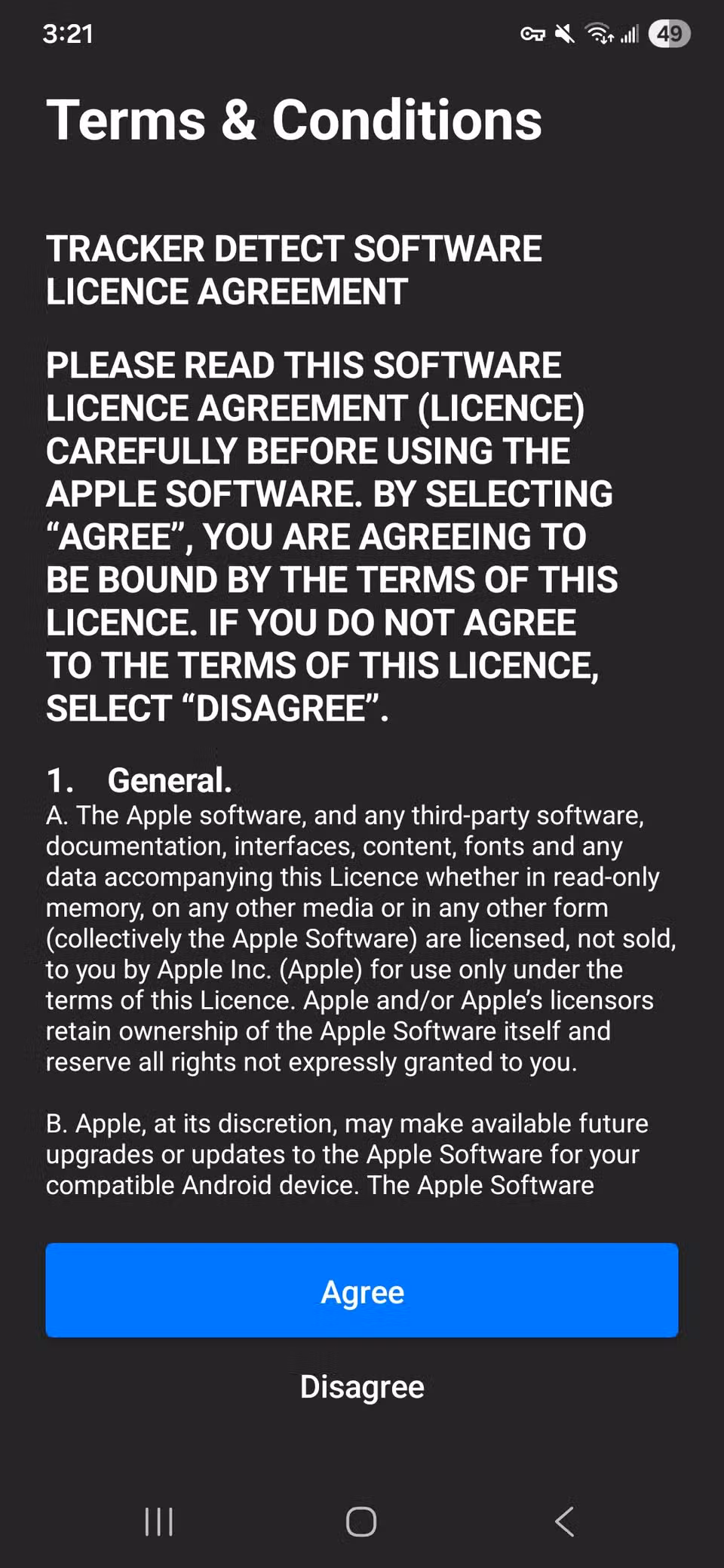 Όροι Προϋποθέσεων με Συμφωνώ και Διαφωνώ στην εφαρμογή Tracker Detect