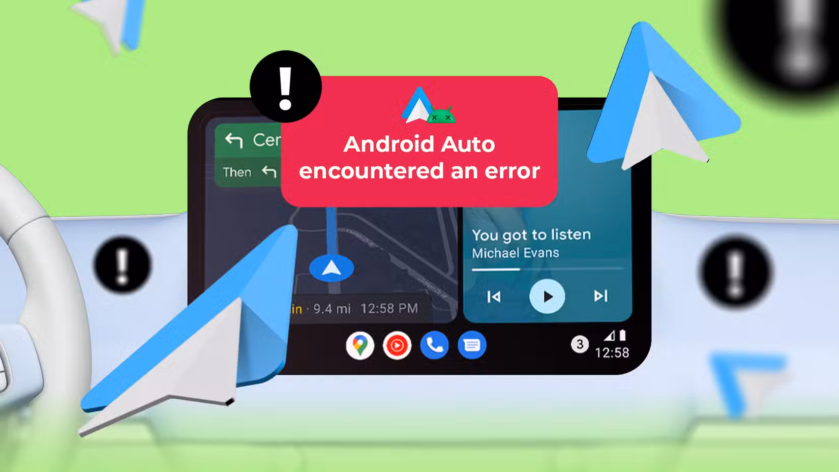 Αυτά τα προβλήματα με το Android Auto κάνουν τις μετακινήσεις μου πιο δύσκολες από όσο θα έπρεπε Ταμπλό αυτοκινήτου που δείχνει το Android Auto με ένα μήνυμα σφάλματος, που περιβάλλεται από εικονίδια προειδοποίησης.
