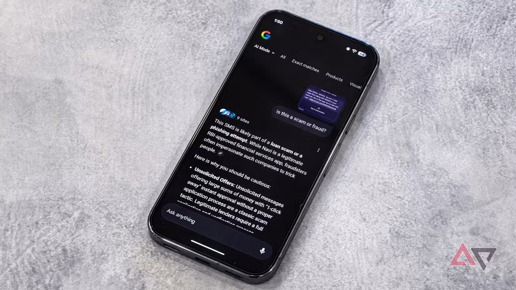 Το Android διαθέτει μια μυστική λειτουργία που σας βοηθά να εντοπίσετε απάτες και απάτες — δείτε πώς μπορείτε να τη χρησιμοποιήσετε Υποβολή ερώτησης στο Google AI σχετικά με ένα μήνυμα απάτης
