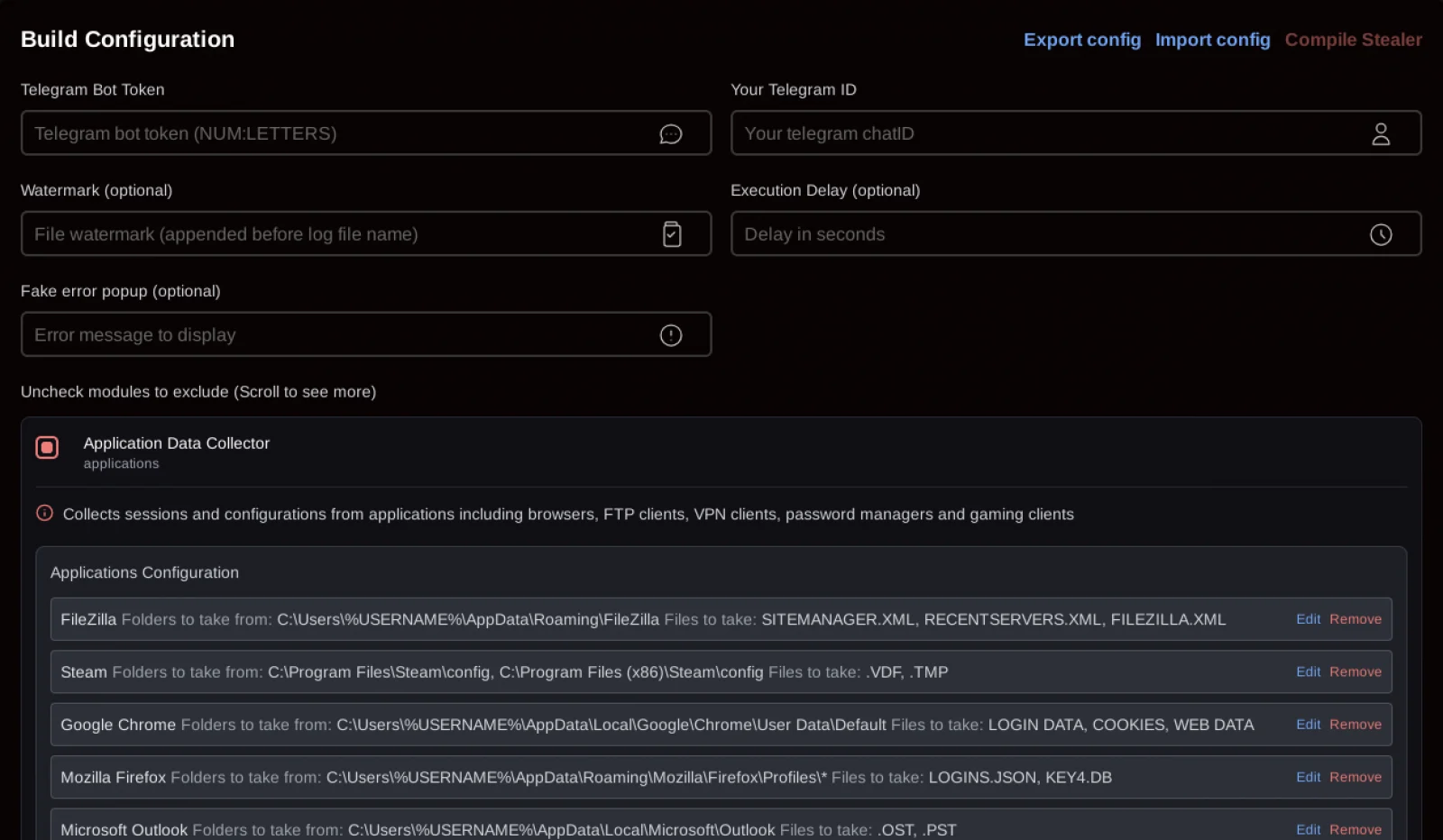 Το νέο κακόβουλο λογισμικό SantaStealer κλέβει δεδομένα από προγράμματα περιήγησης, πορτοφόλια κρυπτογράφησης Επιλογές διαμόρφωσης Builder στον πίνακα
