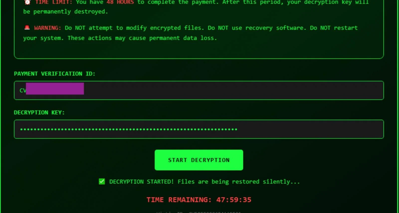 Το ντεμπούτο του CyberVolk ransomware σκοντάφτει σε αδυναμία κρυπτογράφησης Αποκρυπτογράφηση αρχείων με χρήση της κωδικοποιημένης τιμής κλειδιού