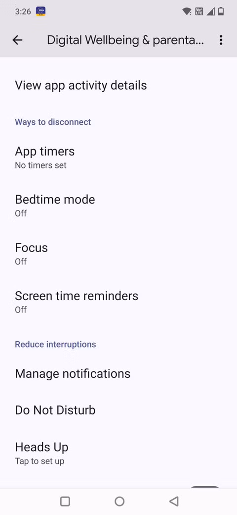 Στιγμιότυπο οθόνης που δείχνει το μενού Digital Wellbeing