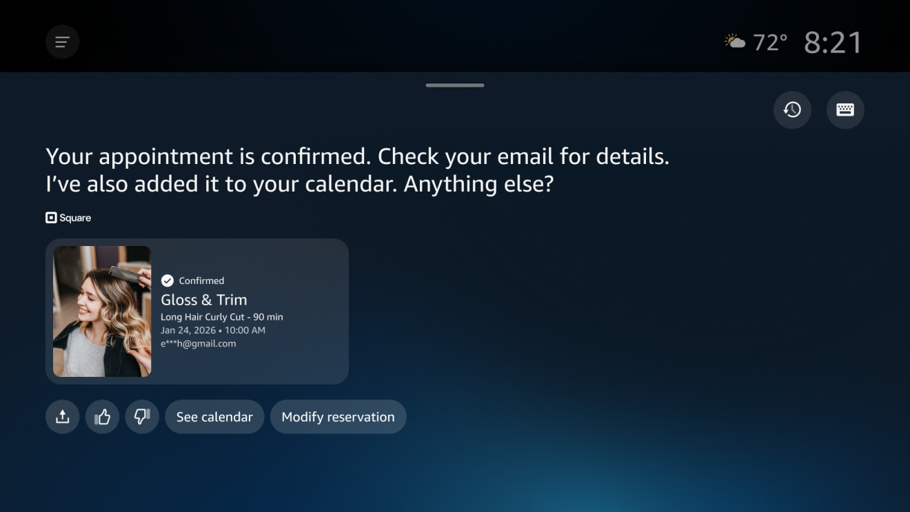 εμφανίζει ένα στιγμιότυπο οθόνης από τον ψηφιακό βοηθό Alexa+ σε μια τηλεόραση Amazon