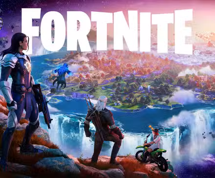 Το Fortnite επιστρέφει στο Google Play Store Χαρακτήρες Fortnite σε μια πλαγιά με ένα νησί στο φόντο και το λογότυπο Fortnite κεντρικό