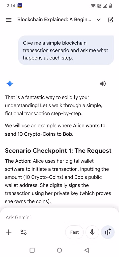 Χρησιμοποίησα τον Δίδυμο ως προσωπικό δάσκαλο για πράγματα που προσποιούμαι ότι καταλαβαίνω Στιγμιότυπο οθόνης που δείχνει μια προτροπή στην εφαρμογή Gemini που ζητά μια πρακτική εξήγηση για το blockchain