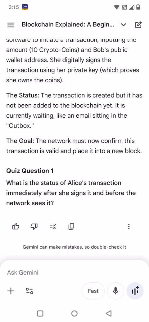 Χρησιμοποίησα τον Δίδυμο ως προσωπικό δάσκαλο για πράγματα που προσποιούμαι ότι καταλαβαίνω Στιγμιότυπο οθόνης που δείχνει την εφαρμογή Gemini να εξηγεί το blockchain