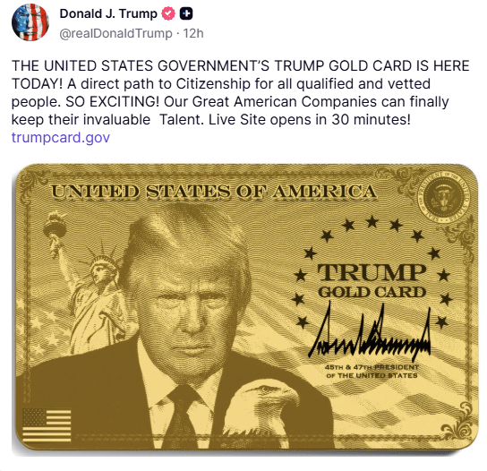 «Σοκ! Ο Τραμπ Λανσάρει Βίζες Μετανάστευσης 1 εκ. Δολαρίων με 'Χρυσή Κάρτα'! Μην το Χάσετε!» Χρυσή Κάρτα