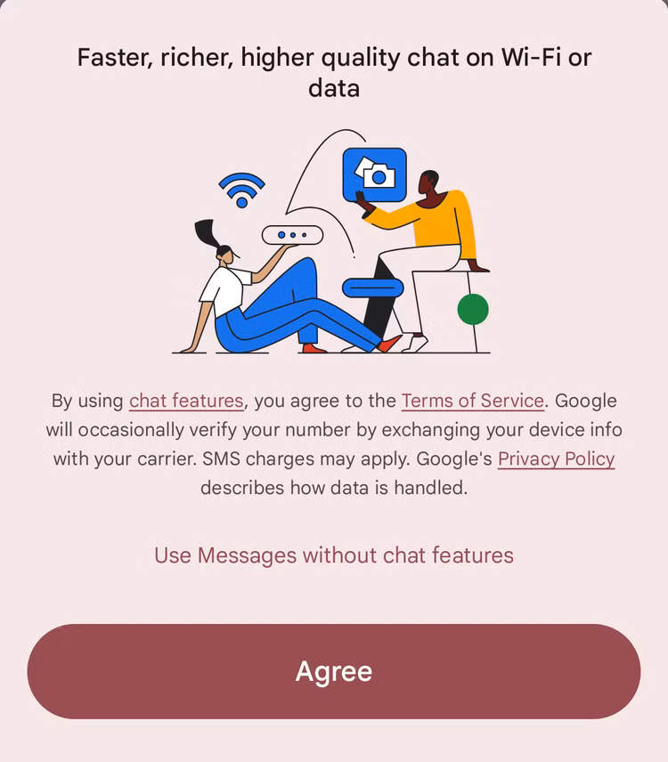 Το μήνυμα Google Messages RCS με το κουμπί Συμφωνώ