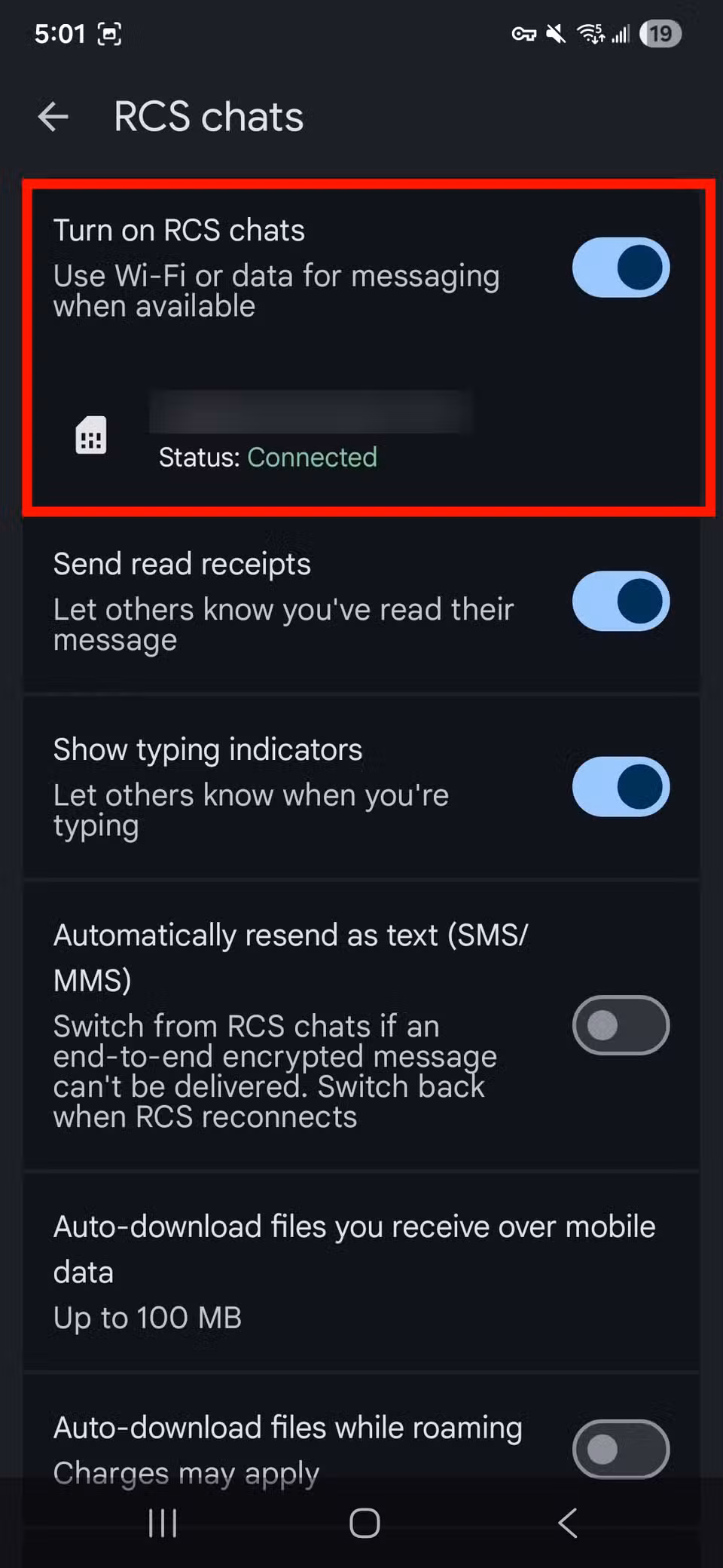 Κόκκινη επισήμανση περιγράμματος ορθογωνίου Ενεργοποιήστε την εναλλαγή συνομιλιών RCS στις ρυθμίσεις συνομιλίας RCS