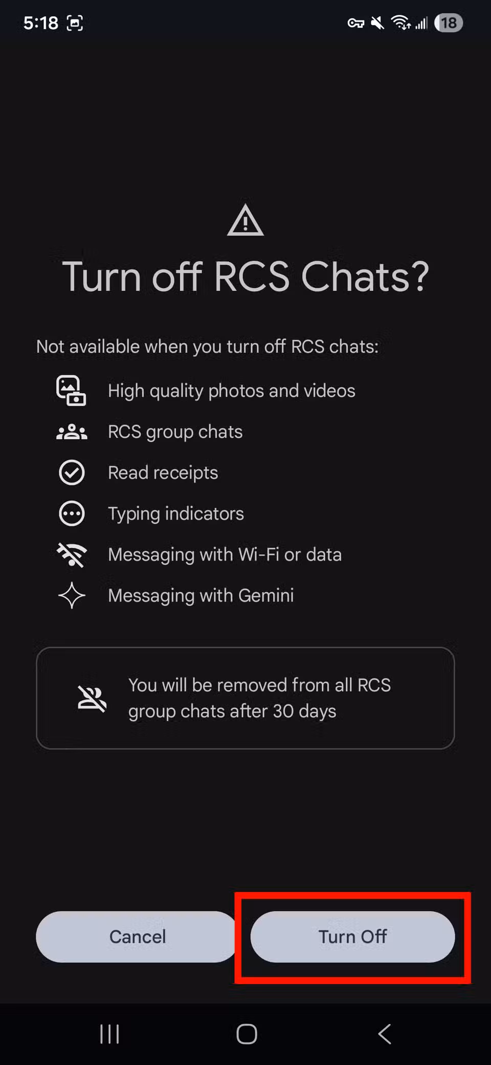 επισήμανση περιγράμματος με κόκκινο ορθογώνιο Απενεργοποίηση επιλογής για συνομιλίες RCS του Google Messages