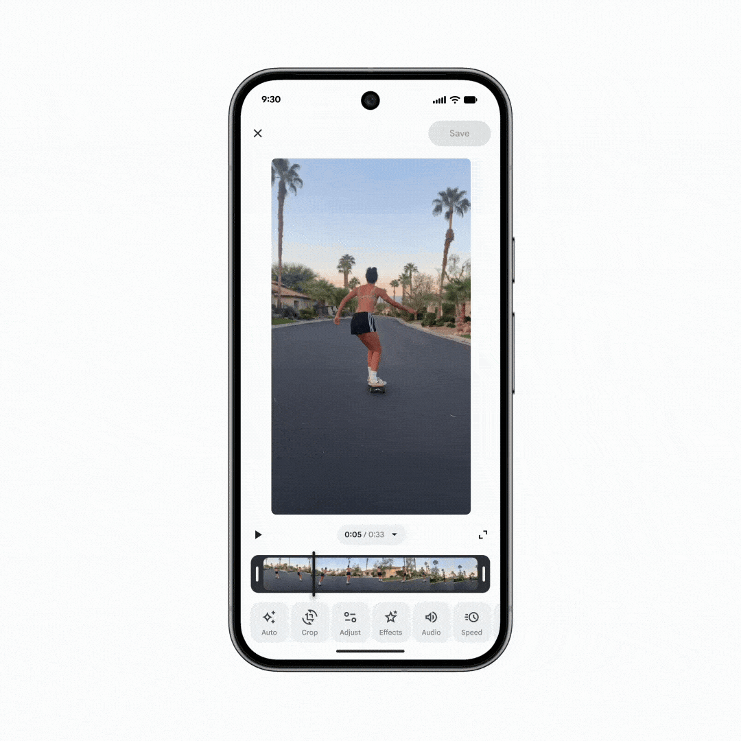 Ένα gif που υπογραμμίζει το νέο πρόγραμμα επεξεργασίας βίντεο του Google Photos.