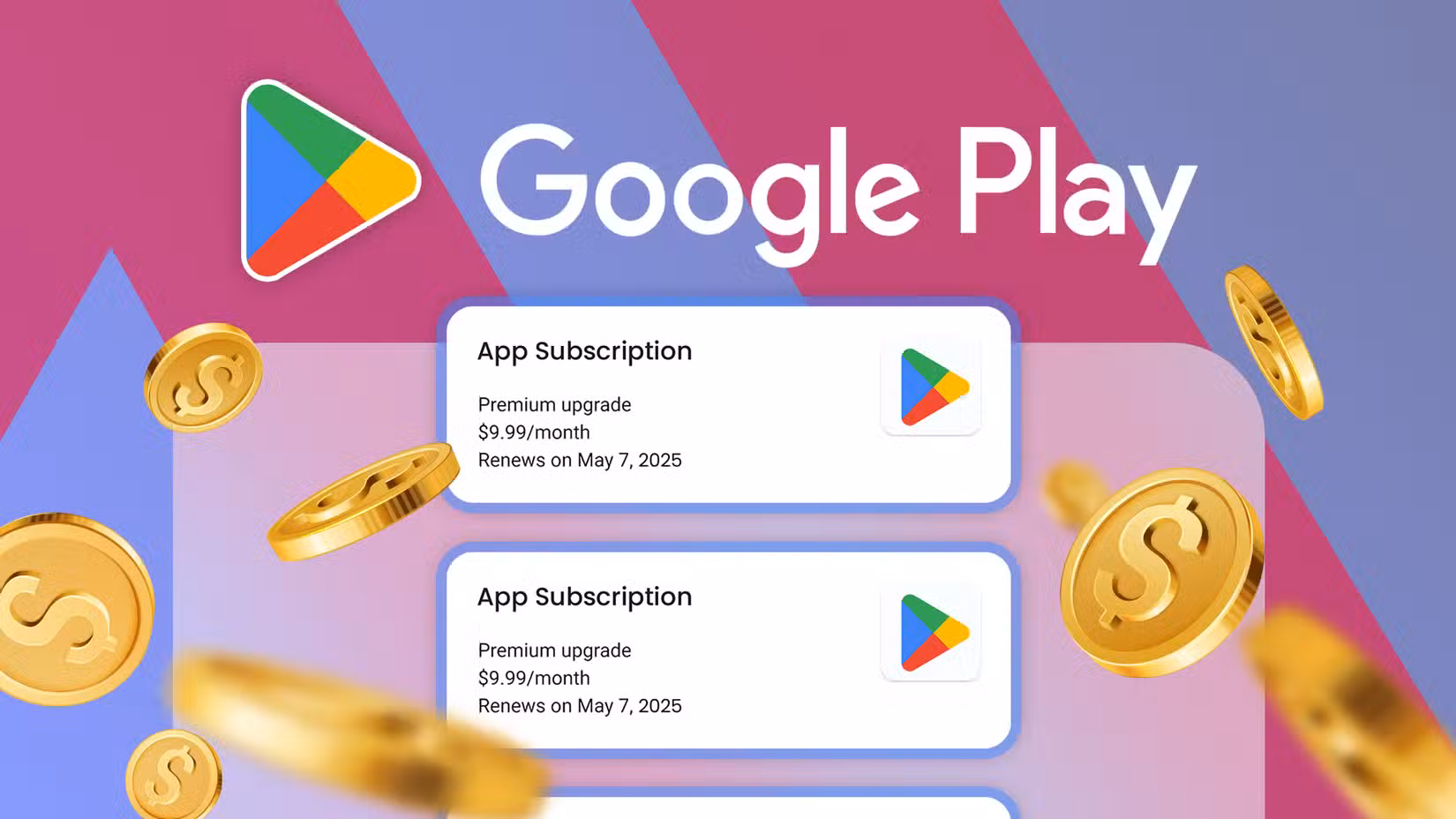 Λογότυπο Google Play με ορισμένες συνδρομές εφαρμογών παρακάτω και πολλά νομίσματα τριγύρω.