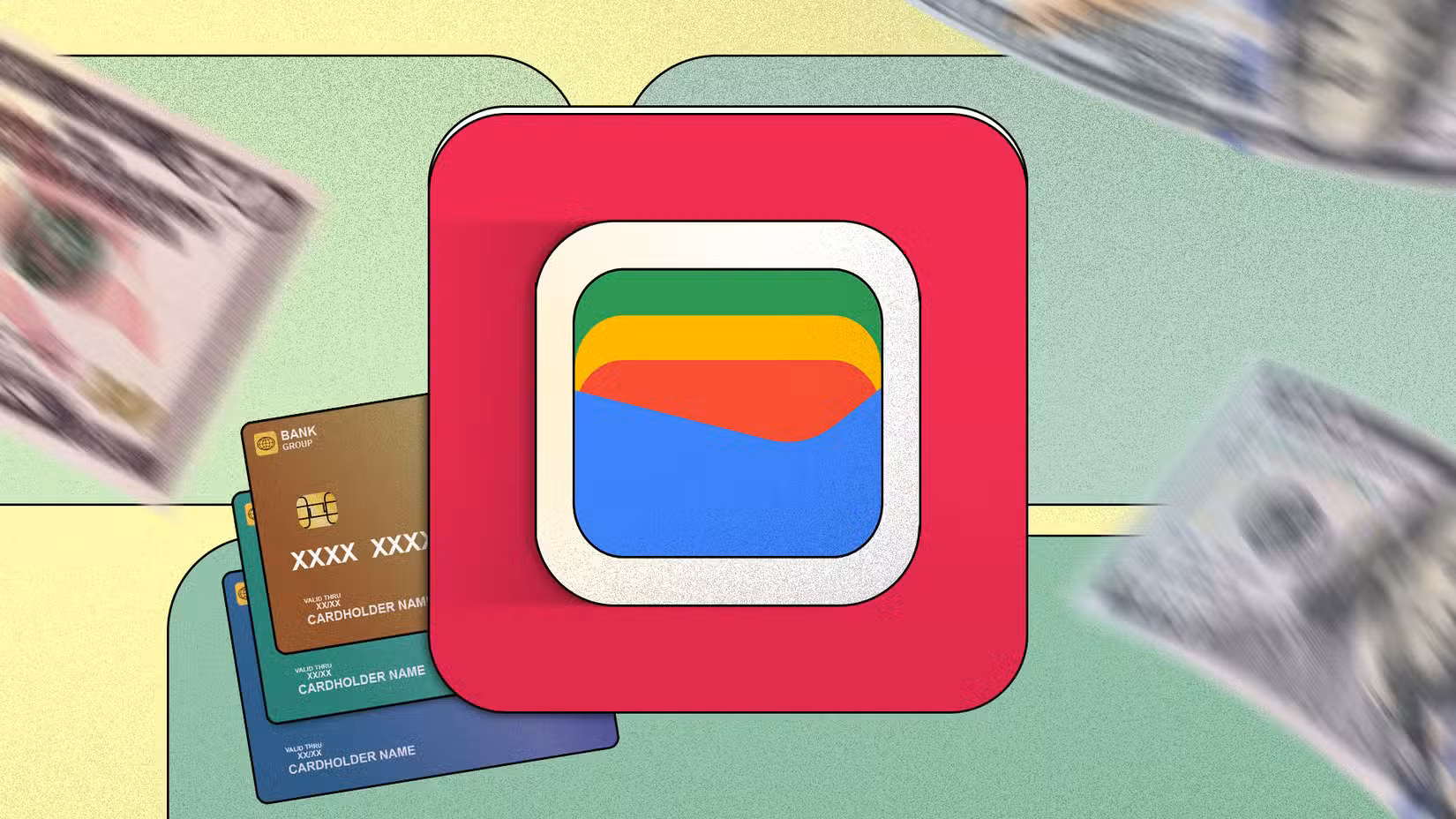 Εικονίδιο του Πορτοφολιού Google στο κέντρο, που περιβάλλεται από ιπτάμενους λογαριασμούς δολαρίων και στοιβαγμένες πιστωτικές κάρτες στο παρασκήνιο