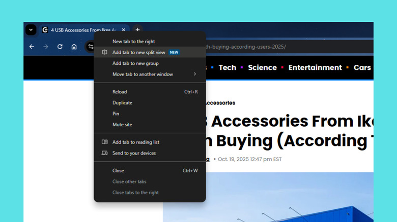 Η καρτέλα Chrome εμφανίζει μενού καρτελών με δεξί κλικ με επιλογή διαίρεσης προβολής