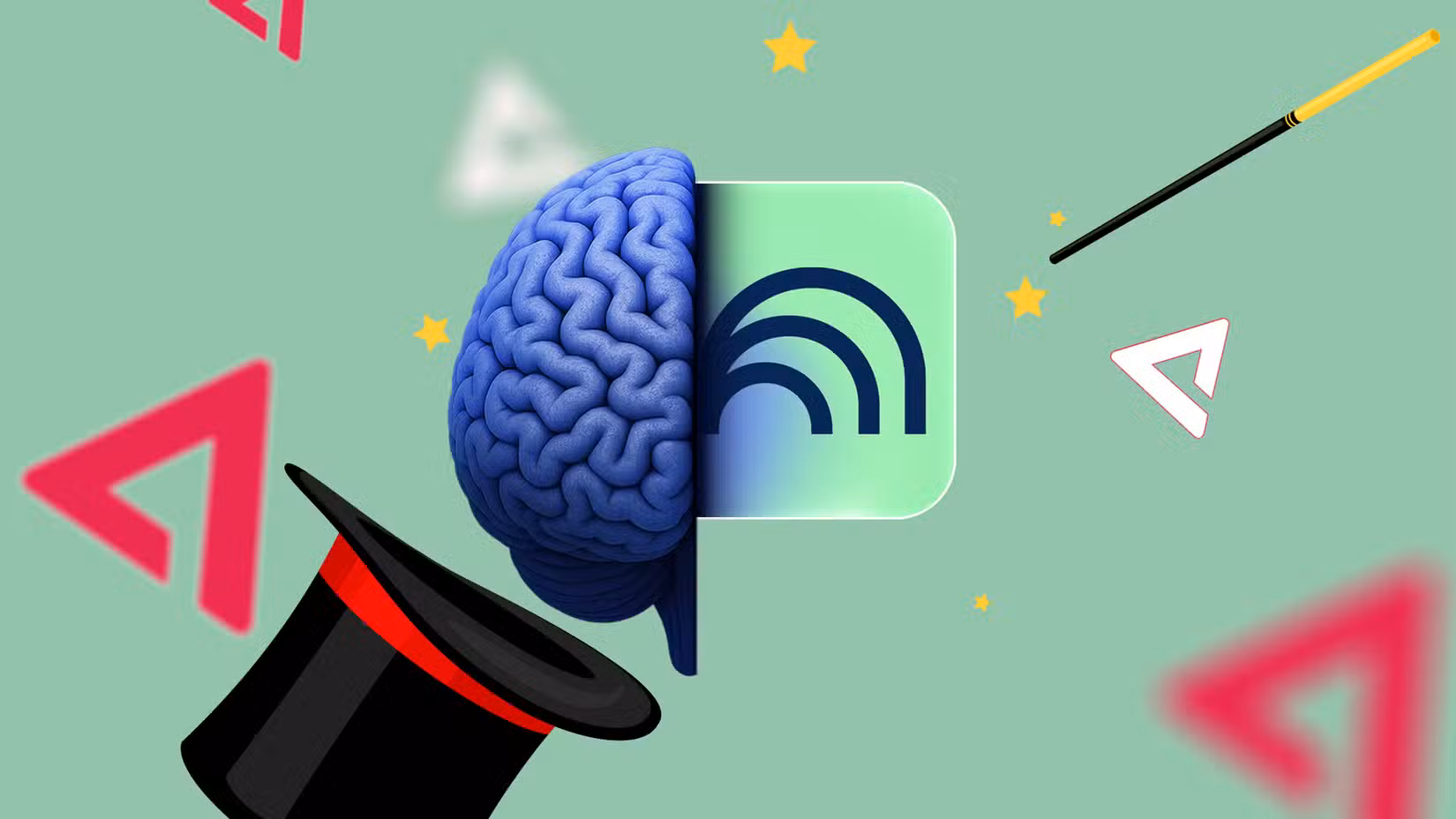 Απεικόνιση ενός μπλε εγκεφάλου που αναδύεται από το καπέλο ενός μάγου, χωρισμένο με το λογότυπο του NotebookLM