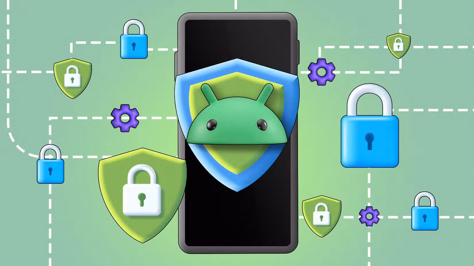 Γιατί εξακολουθώ να πληρώνω για ένα VPN, παρόλο που η Google μου δίνει ένα δωρεάν Απεικόνιση ενός smartphone με το λογότυπο Android σε μια ασπίδα και εικονίδια απορρήτου γύρω του.