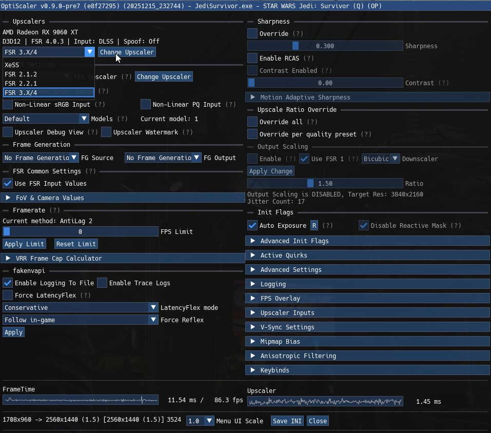 Ένα παράθυρο εφαρμογής για το OptiScaler v0.9.0-pre7 εμφανίζει ρυθμίσεις για το AMD Radeon RX 9060 XT με επιλεγμένο το 'FSR 3/XL4' και ένα γράφημα απόδοσης που δείχνει '86,3 fps' και '1,45 ms'.