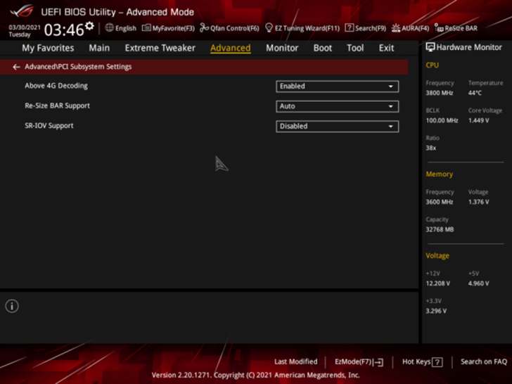 The ASUS ROG UEFI BIOS Utility in Advanced Mode shows PCI Subsystem Settings with 'Above 4G Decoding' enabled and a CPU frequency of 3800 MHz.