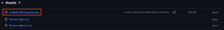 The image shows a file named 'nvidiaProfileInspector.zip' highlighted in a list of assets, with a file size of 163 KB and a date of Aug 3.