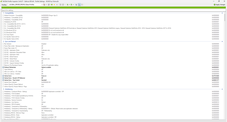 The NVIDIA Profile Inspector 2.4.0.2 window displays the settings for the '_GLOBAL_DRIVER_PROFILE (Base Profile),' highlighting 'Texture Filtering - LOD Bias (DX) Clamp' values and the 'Vertical Sync - Smooth AFR Behavior' set to 'On.'