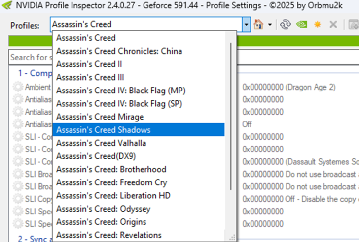 The NVIDIA Profile Inspector 2.4.0.27 interface displays a dropdown menu with multiple 'Assassin's Creed' game profiles, highlighting 'Assassin's Creed Shadows.'
