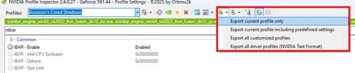 A screenshot of NVIDIA Profile Inspector 2.4.0.27 showing the 'Assassin's Creed Shadows' profile with a dropdown menu for exporting profiles and reBAR settings.