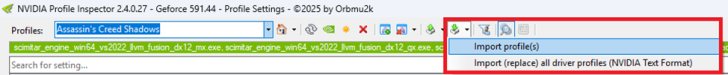 The NVIDIA Profile Inspector 2.4.0.27 is shown with the selected profile 'Assassin's Creed Shadows' and options to import profiles highlighted.
