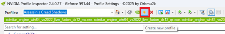 The NVIDIA Profile Inspector 2.4.0.27 window shows the 'Assassin's Creed Shadows' profile selected for GeForce 591.44 with options to create a new profile.